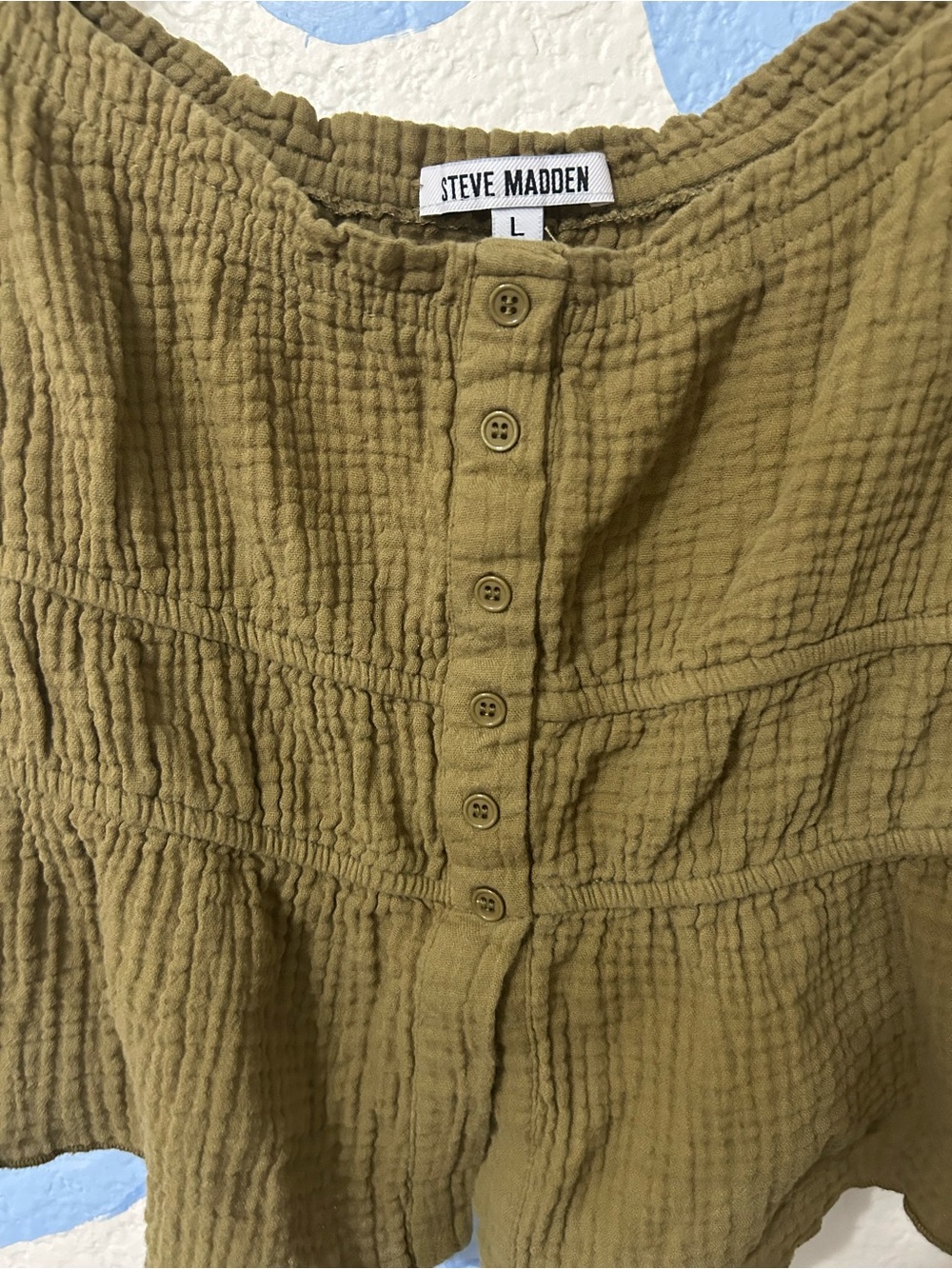 Steve Madden Olive Green Gauze Ruffle Sleeve Peplum Top Size L - Picture 2 of 5